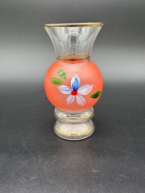Vintage Bartlett Collins Glass Bud Vase Pink with White Flower and Gold Trim
